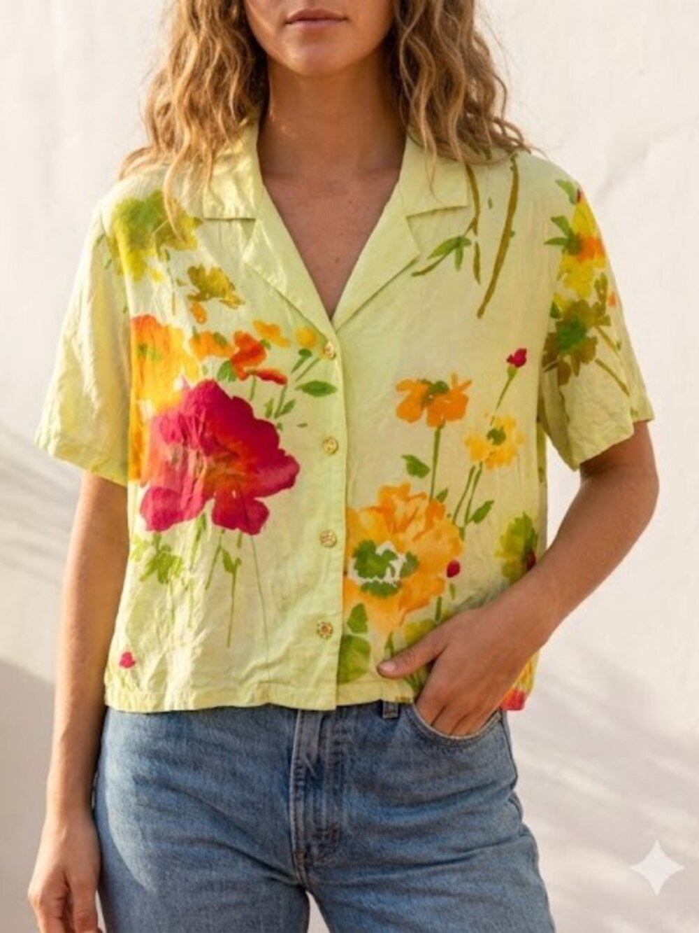 Jams World Shirt Women's Large Poppea Floral Button Up Crop Boxy Hawaii Vintage